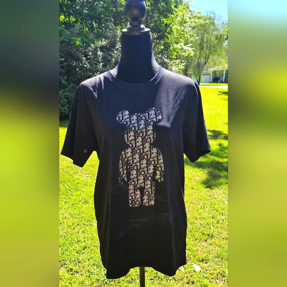 Dior Black Short Sleeve Tee with Rhinestone Design